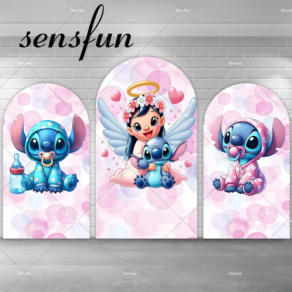 Lilo & Stitch Photo Studio Kits Pink Bokeh Angel and Pacifier Stitch Arch Backdrop Cover for Girls Baby Shower Birthday Party