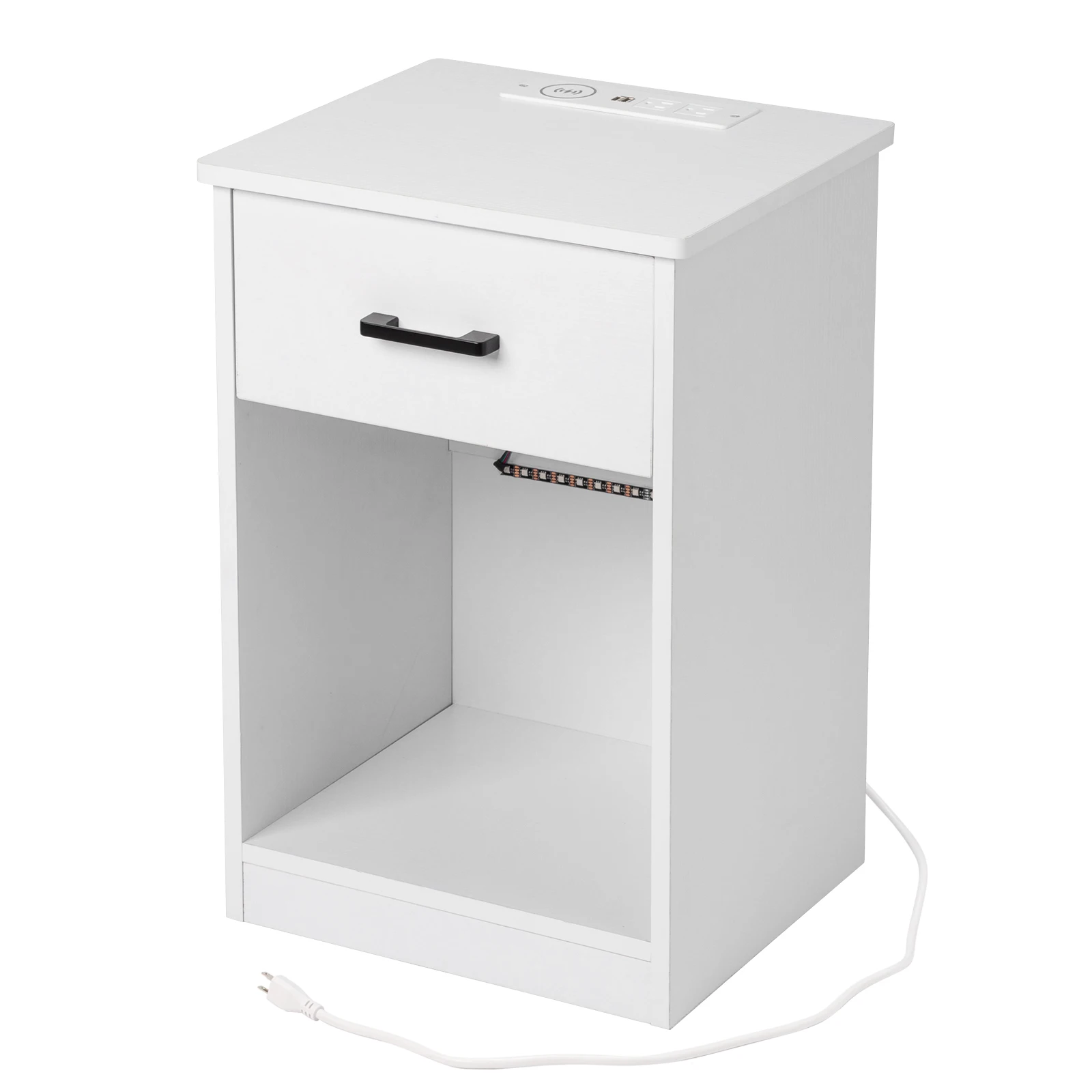 Modern Bedroom Nightstand FCH 40x35x60cm Particleboard Pasted Triamine Single Drawer With Socket With LED Light Bedside Table