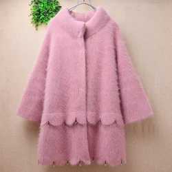 Women Mujer Autumn Winter Thick Warm Hairy Angora Rabbit Hair Knitted Three Quarter Sleeves Loose Cardigans Sweater Jacket Coat