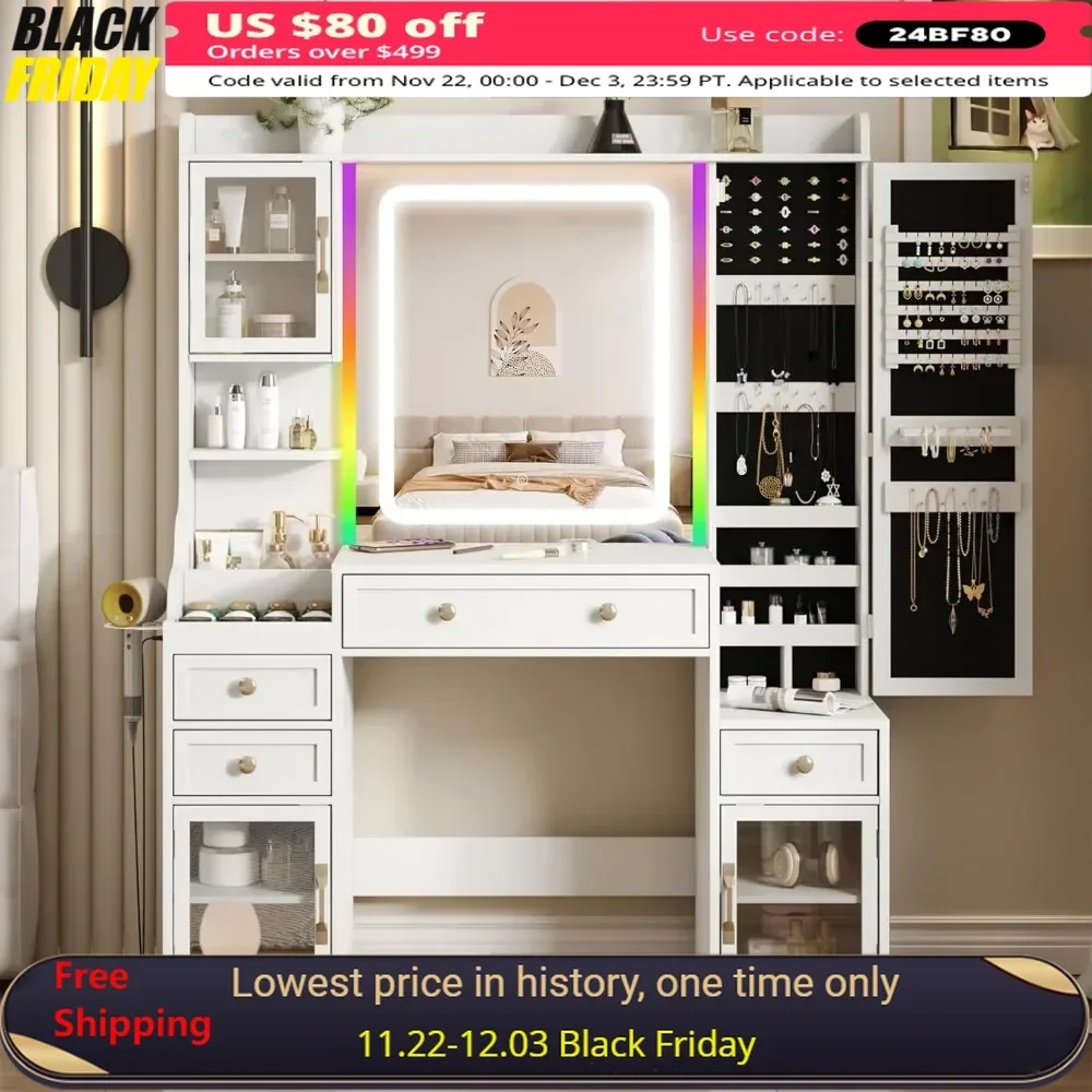 Vanity Makeup Desk LED Lighted Mirror  Vanity Table 3 Storage Cabine Dressers 4 Drawers