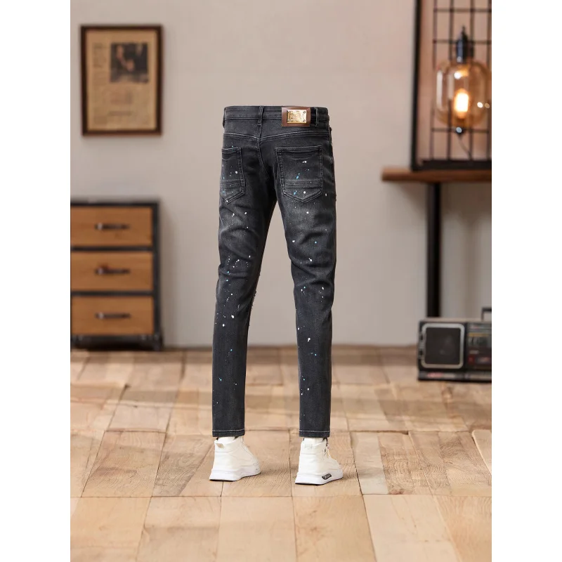 Black gray ripped patch men's jeans with street style, cool and trendy American retro paint dot print, slim fit small leg pants