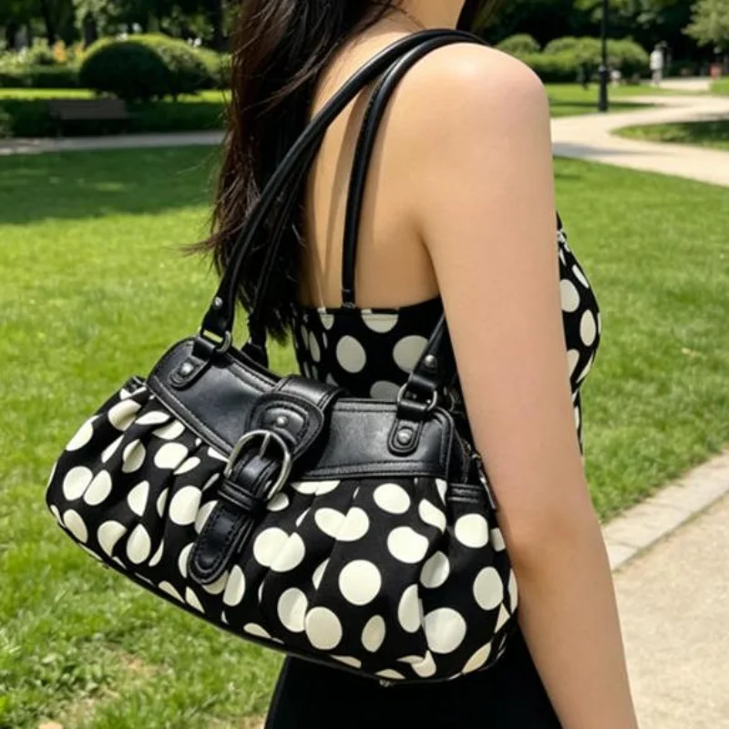 

2026 New Model Stylish Women's Belt Buckle Design Shoulder Bag Retro Y2k Polka Dot rcycle Underarm Bag Niche atchwork Handbag