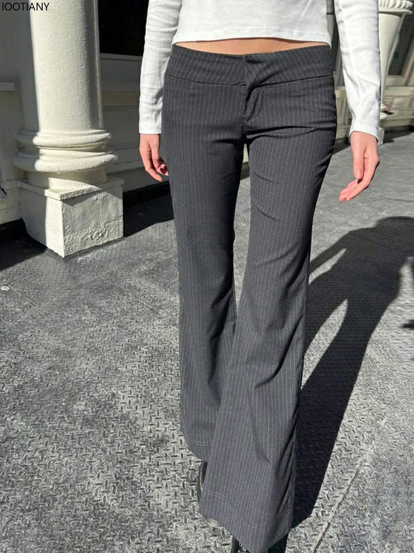 

Low-rise Gray Striped Casual Pants Street Trend Y2k Slim Flared Pants Women's Korean Fashion 90s Trousers Slim Basic Suit Pants