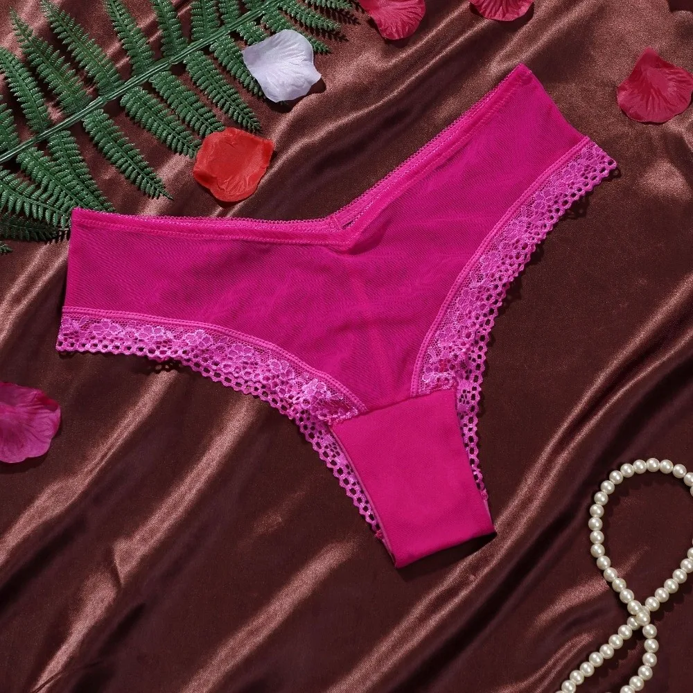 Breathable Low Waist Mesh Floral Panties Patchwork Underwear Mesh Sheer Lace Thong Seamless Hollow Romantic T Panties Gift