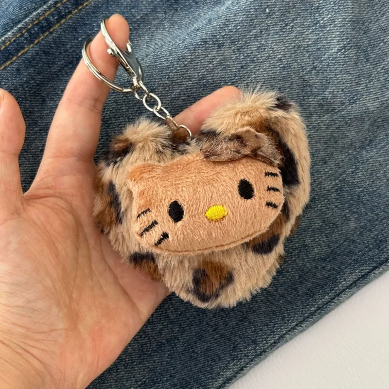 Kawaii Hello Kitty Leopard Print Doll Pendant Sanrio Anime Lovely Student A Bag Plush Fur Key Buckle Bag Ornament Wholesale