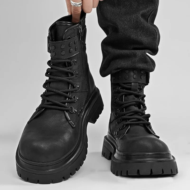 American Style Boots Men's High-Tube Zipper Side War Boots Couple's Black Workwear Boots Spring Autumn Casual Shoes