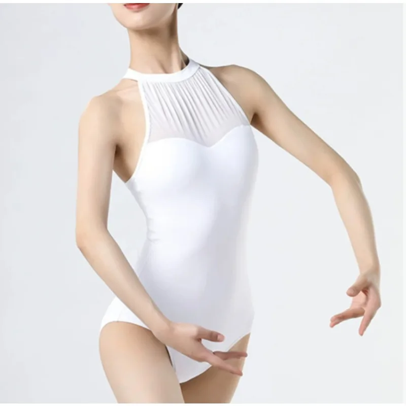 Sexy branco ballet collant para mulheres adulto elegante halter pescoço malha costura ginástica collant bailarina