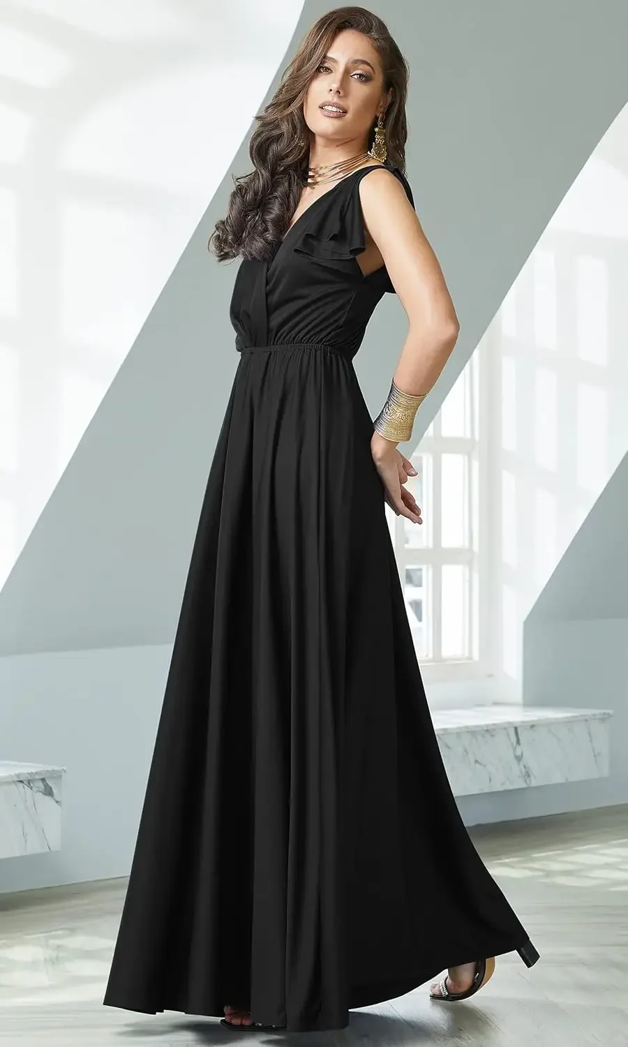 فساتين الحفلات المسائية فستان رسمي فاخر للنساء أنيق للنساء طويل على شكل حرف v كشكش بدون أكمام فستان حفلات وصيفة العروس فستان ماكسي