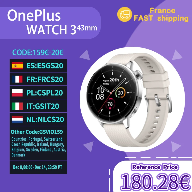 OnePlus montre 3 43mm Version mondiale montre intelligente 1.32 "AMOLED affichage prise en charge NFC GPS Bluetooth appel SpO2 détection de chute