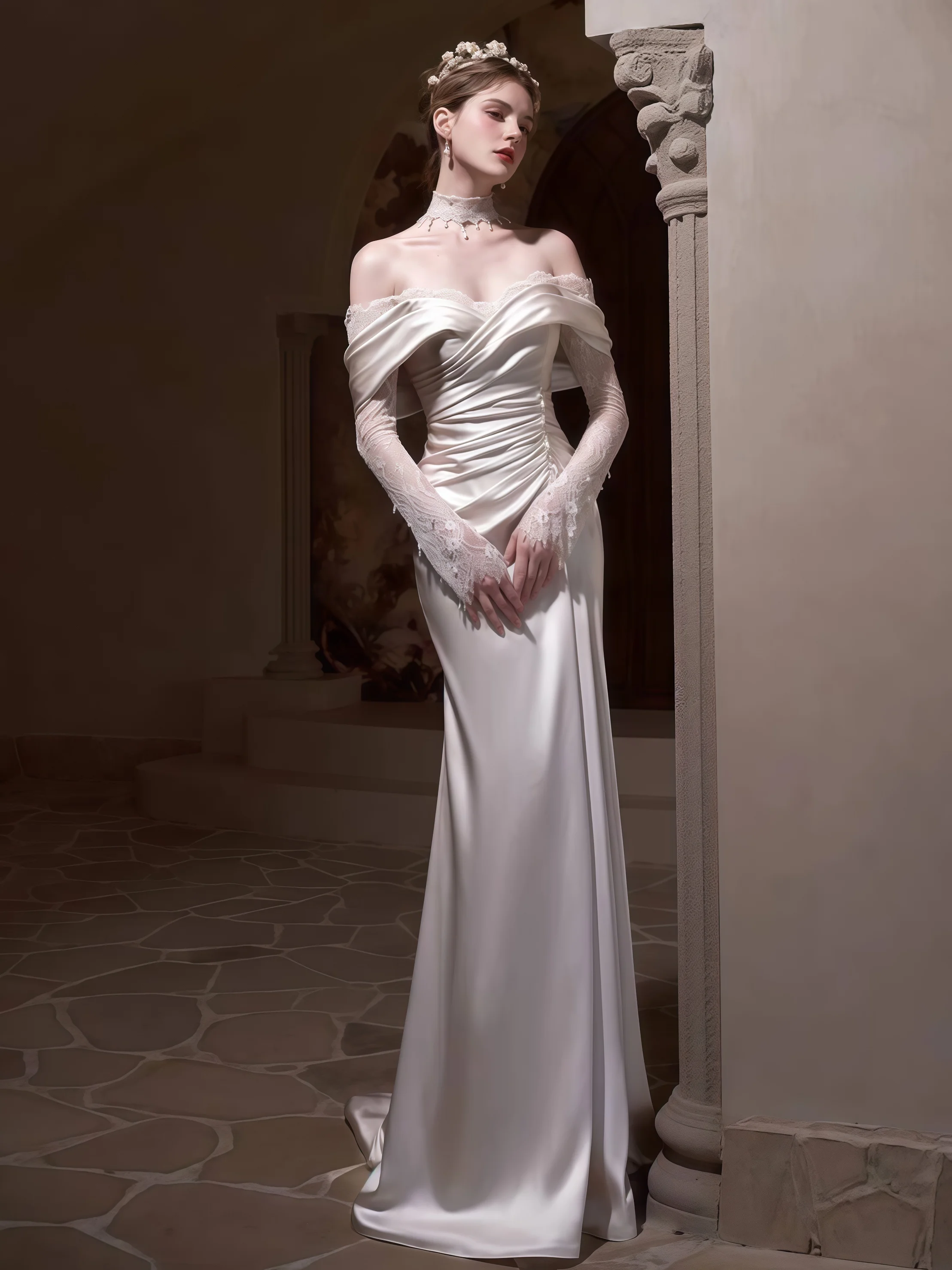 

Elegant White Wedding Dress Luxury Satin Mermaid Lace Long Sleeve Strapless Formal Occasion Celebrity Prom Dress New