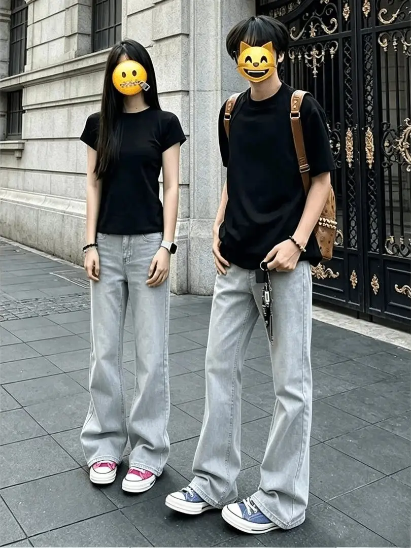 Men's Slim Fit Straight Leg Jeans mid Waist Zipper Fly Casual Youthful Style Cement Grey Micro Flared Knife Cut Cool Handsome