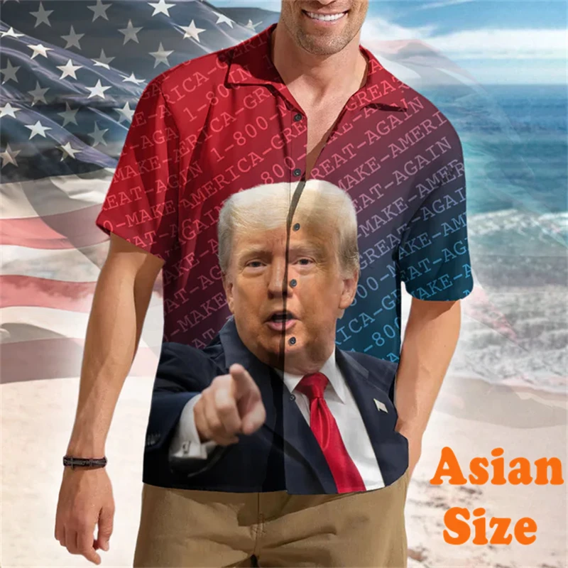 Hawaii Vacation Trump Humour Shirt For Men's Clothing Lapel Button Asian Size Shirts 2025 USA Street Personality Trend Blouse