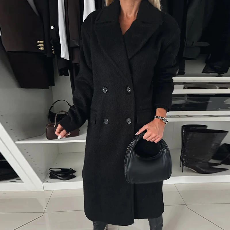 Autumn Fashion Lapel Double Breasted Long Coat Lady Casual Long Sleeve Solid Straight Outwear Winter Elegant Loose Woolen Jacket