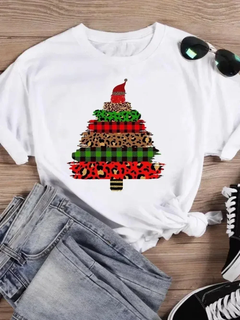 

Christmas Activity Tshirt Cartoon Santa Claus Design Trendy Merry Xmas Happy New Year Casual Tee Women