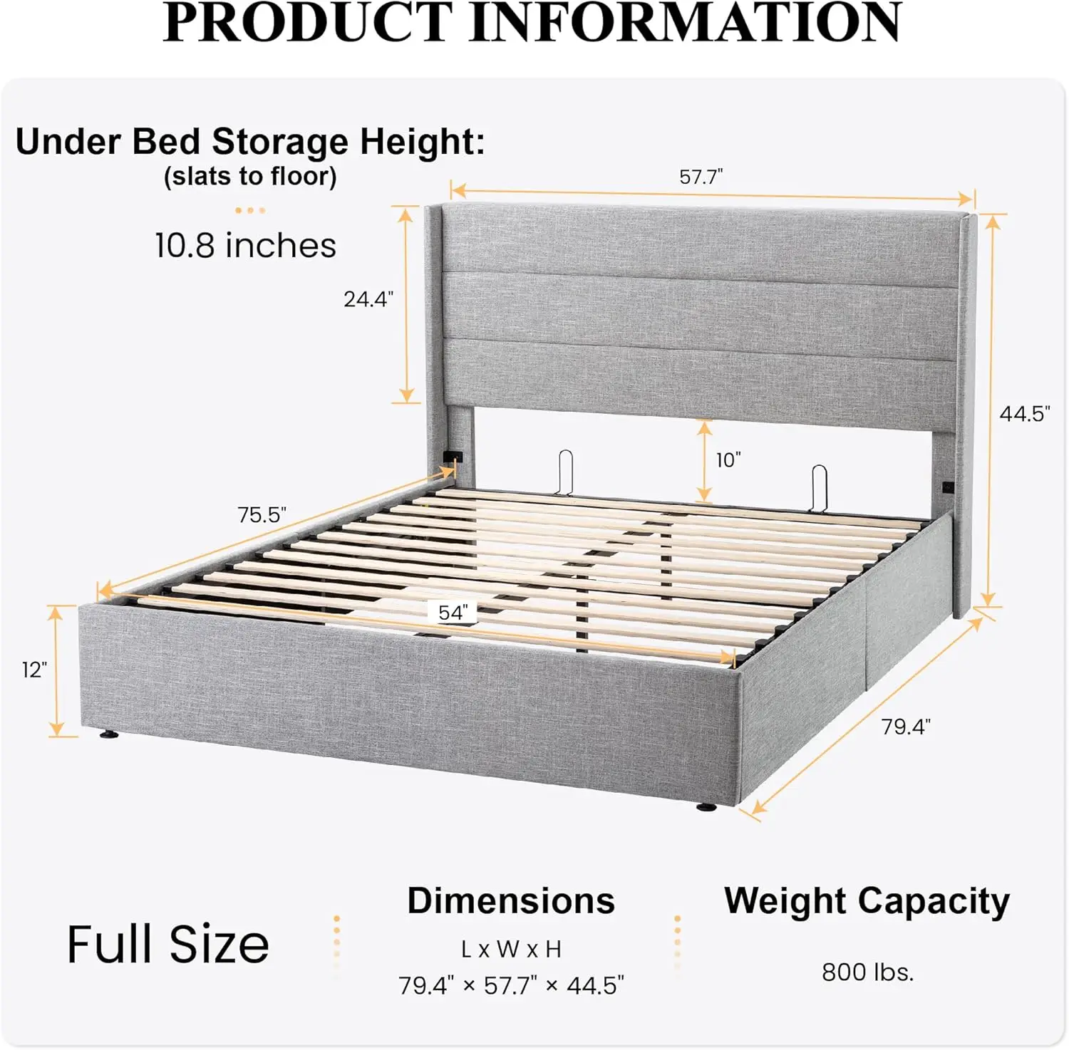 Full Size Lift Up Storage Bed/Modern Wingback Headboard Upholstered Platform Bed Frame Hydraulic Storage No Box Spring Needed