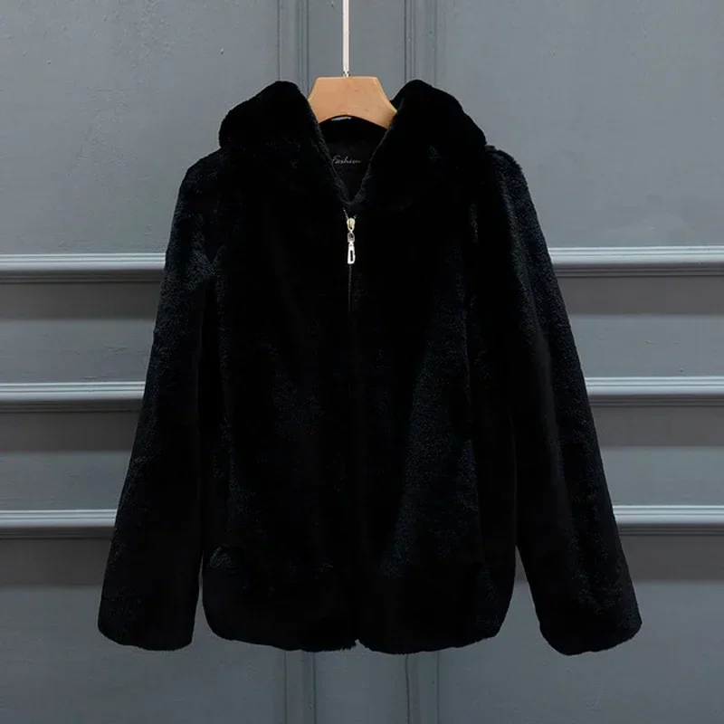 Lady Artificial Fur Hooded Soft Women\'s Jacket White Grey Pink Rabbit Imitation Fur Outcoat Winter Grass Mink Faux Fur Coat