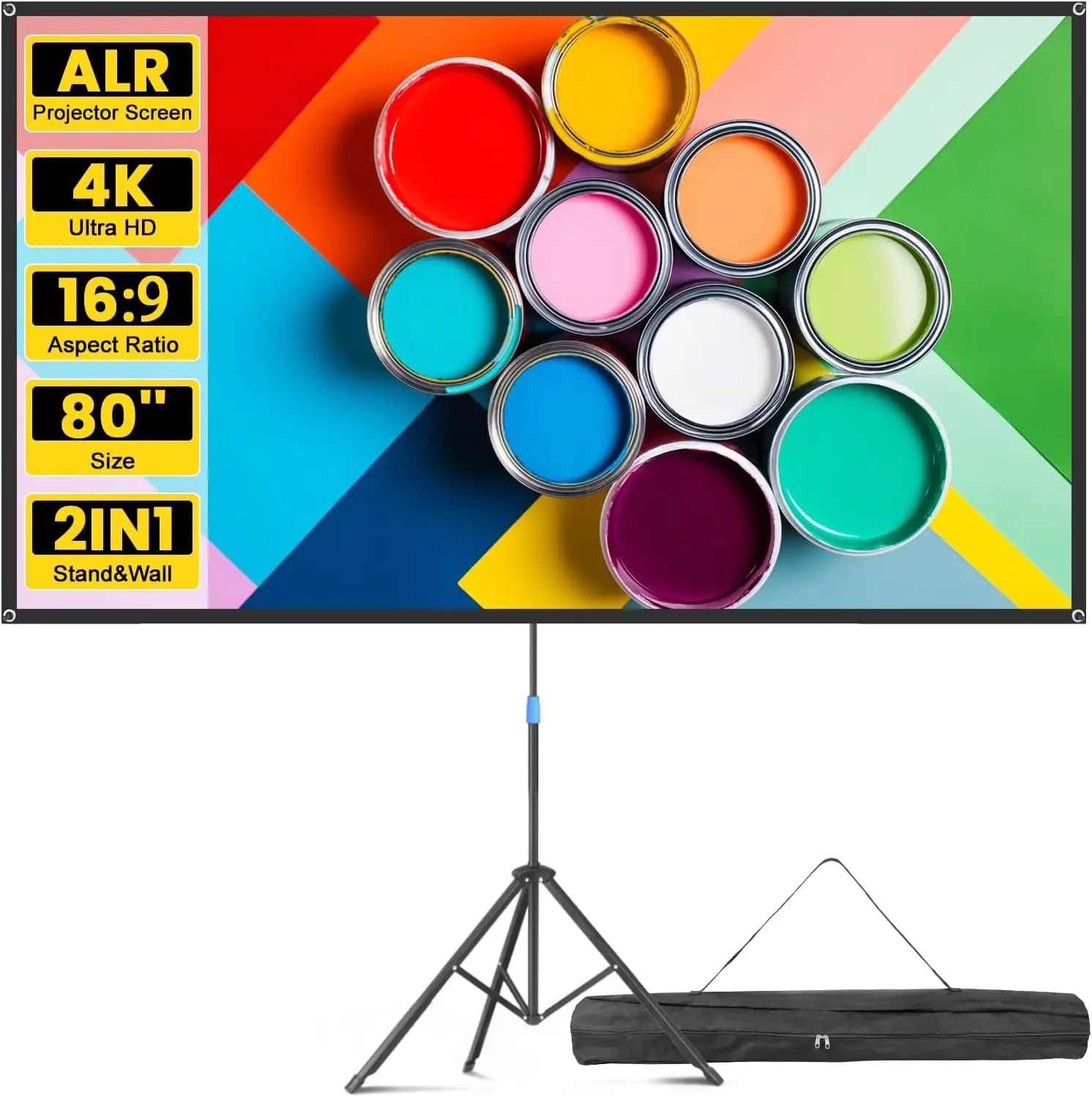 

80 Inch Portable Projector Screen with Stand, 1.5 Gain ALR Screen for Outdoor Movie Night, 4K HD 16:9