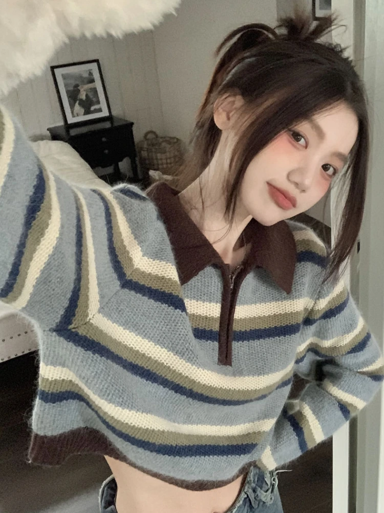 Pullovers Women Striped Colorful European Style Autumn Zipper All-match Simple Ladies Fashion Personality Classic Daily Chic New