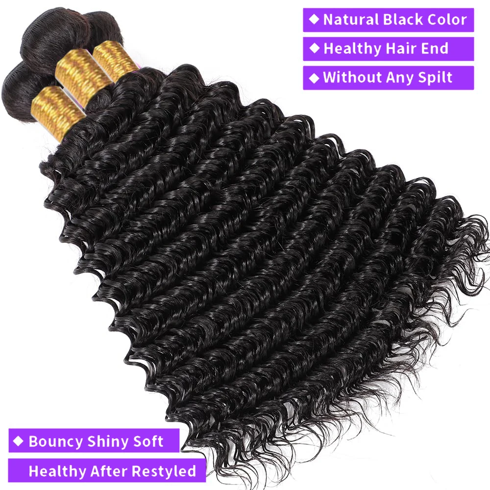 Deep Wave Human Hair Bundles With 13x4 HD Lace Frontal With Extensions Brazilian Weave 3 Bundles With Frontal for Women