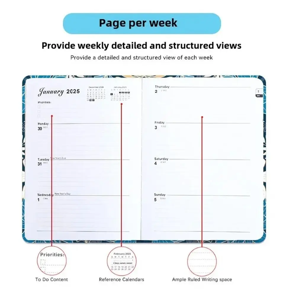 A5 2025 Planner Notebook Carta spessa 160 pagine Notebook inglese Copertina in cartone Datario multifunzione Forniture per ufficio scolastico