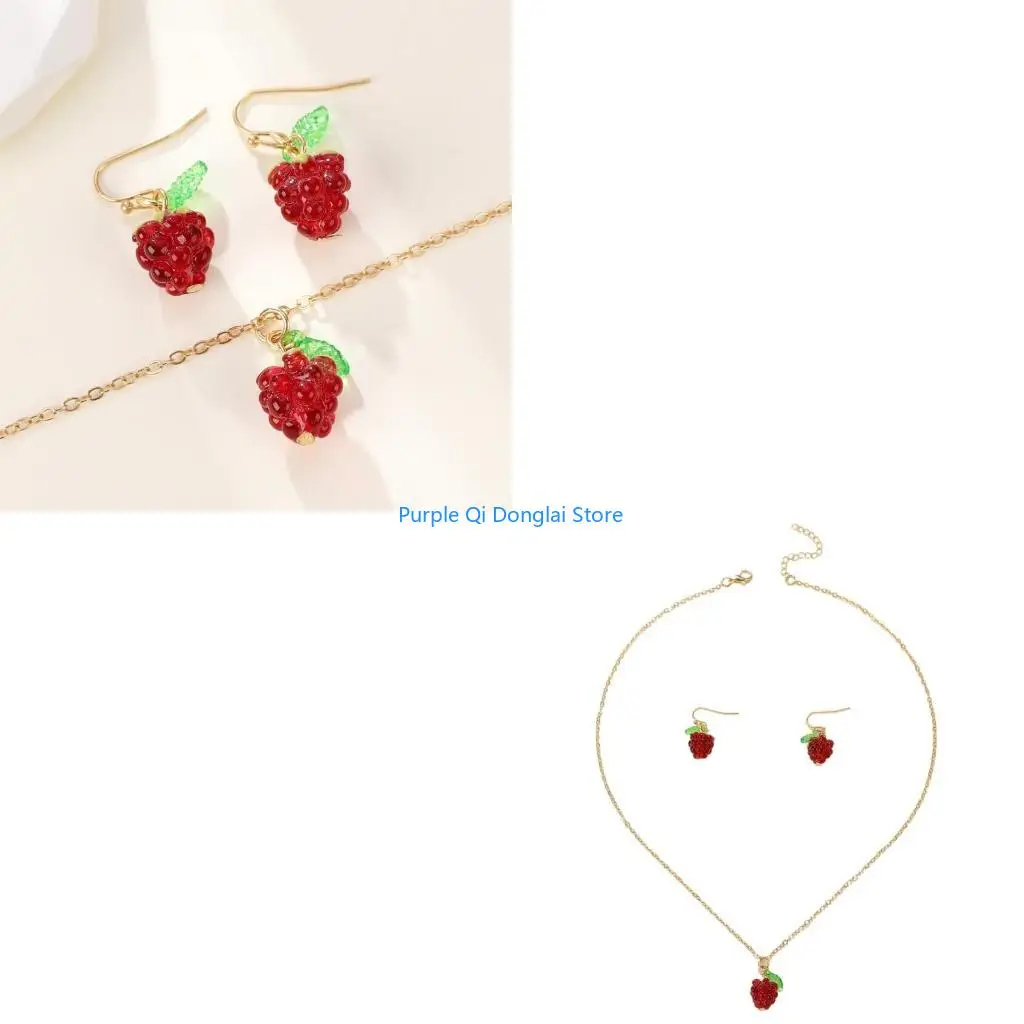 L21E Raspberry Charm Jewelry Set for Women Fashionable Alloy Necklace and Earrings Fruit Theme Accessories for Daily Wear