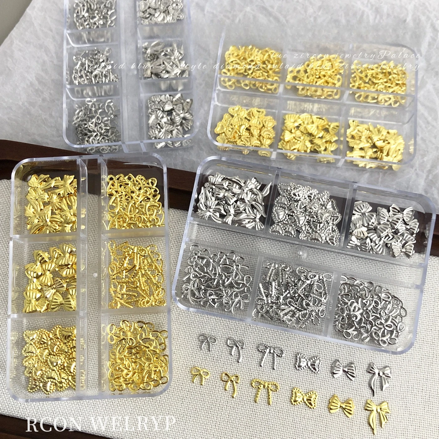 1Pc 6-grid Bow Nail Charm Set, Silver Metal Rivet Flakes Ornaments for Trendy DIY Press-on Manicure Nail Decor