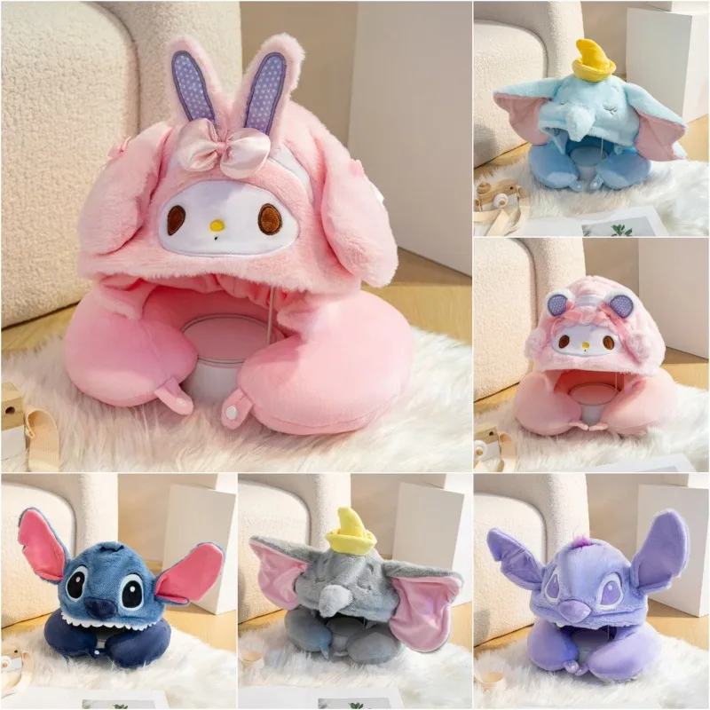 

Stitch My Melody U-Shaped Hooded Neck Pillow Cute Figure Travel Comfort Cervical Pillow Hat Unisex Gift