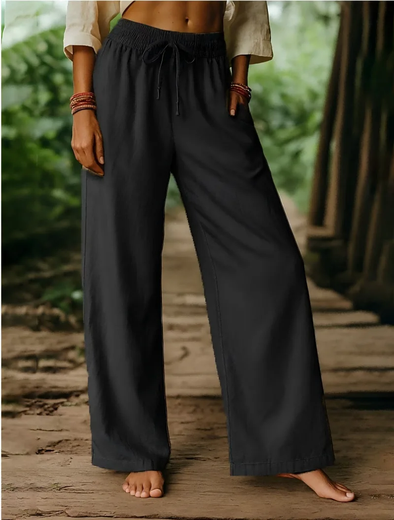 Women's Elastic Waist Linen Pants - Solid Color Wide Leg Trousers, Breathable Loose Fit Palazzo Pants
