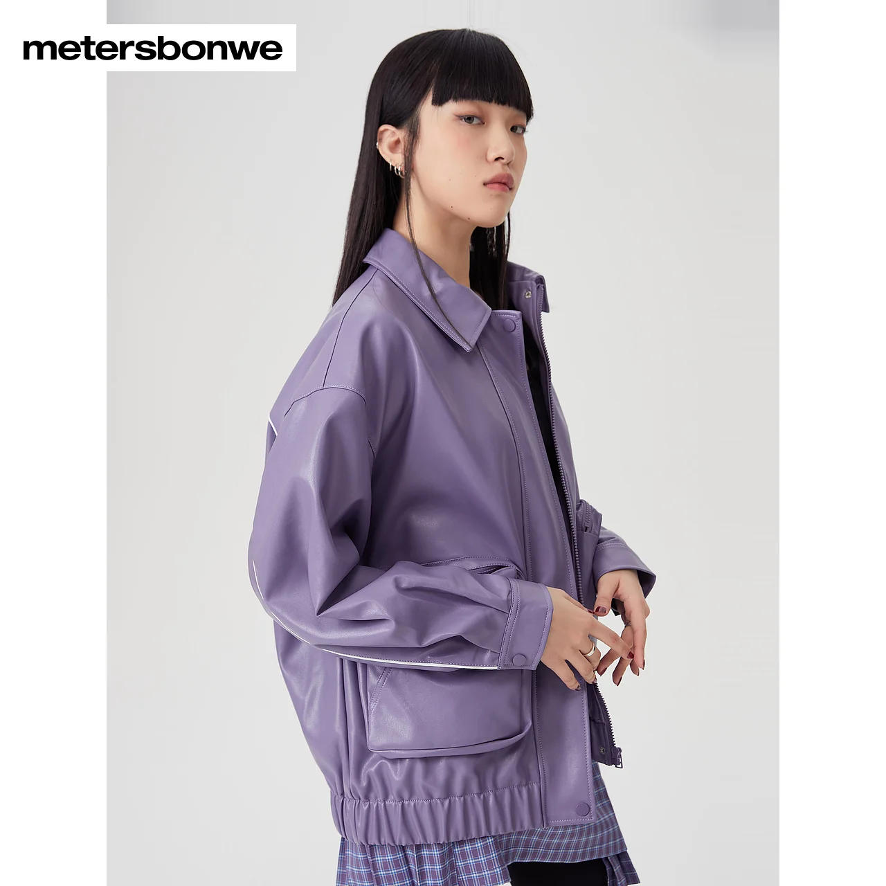 Metersbonwe-Women\'s PU Jacket Stylish Lapel Silhouette Coat Vintage Female Chic Lady Spring And Autumn