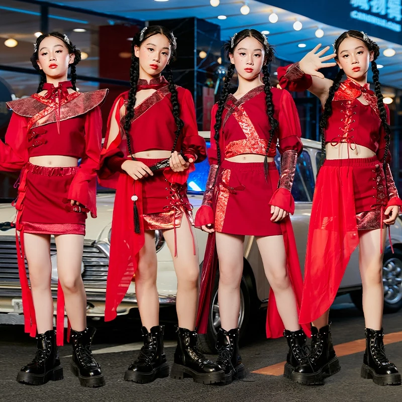 

Children Chinese Style Performance Costumes Girls Hip Hop Dance Red Outfits Catwalks Stage Festival Jazz Dance Clothes DQS18190
