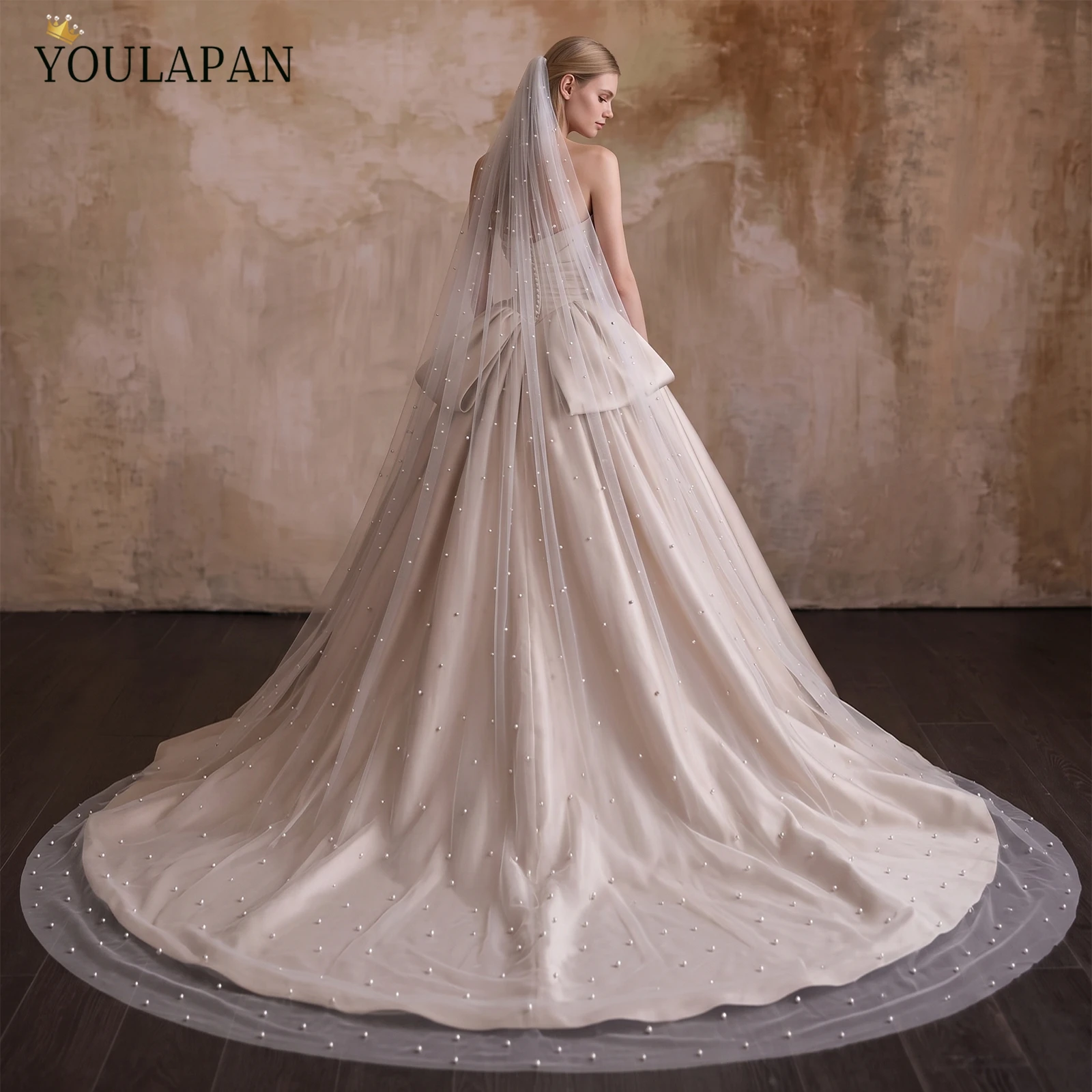 TOPQUEEN V09 Wedding Veil with Pearls 3 Meter Long Bridal Veils Beaded Cathedral Length 3M wide Dramatic 1 Tier Customizable