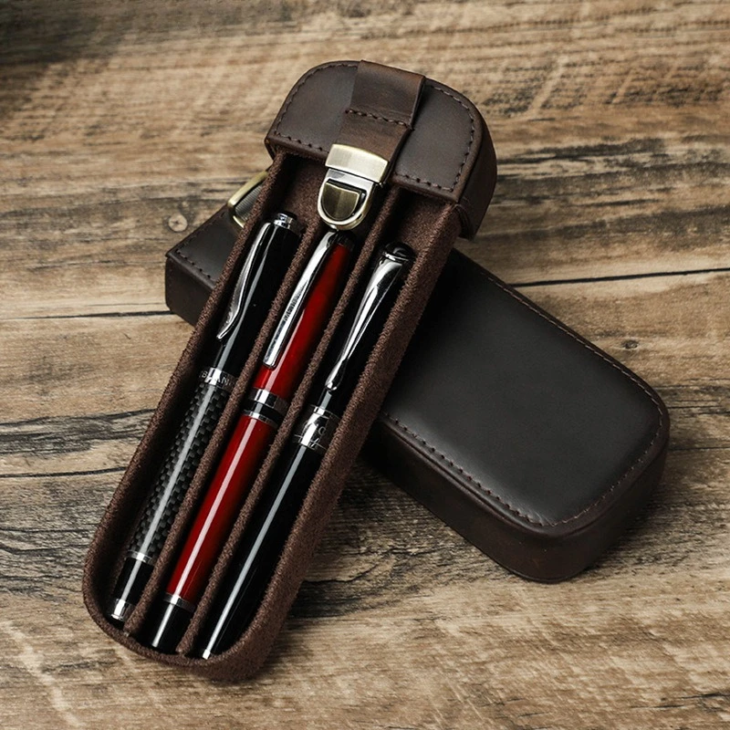Vintage Crazy Horse Leather Pen Pouch, Handmade Lock Drawer Type 3 Pens Storage Box for Office Travel Wholesale Stationery Gift