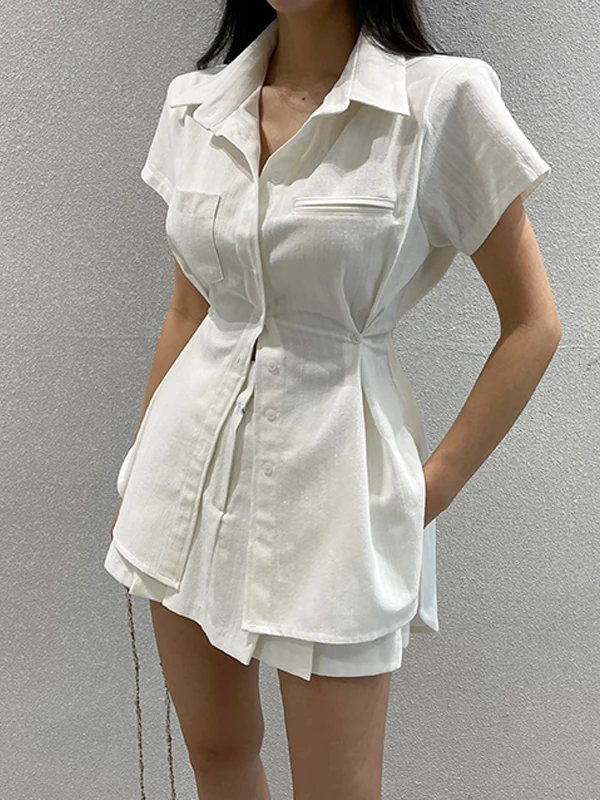 

Korean Style Women's Fashion Shirt Dress Set Short Sleeve Pleated Waist Cinched Two Piece Summer Outfit Midi Skirt And Blouse