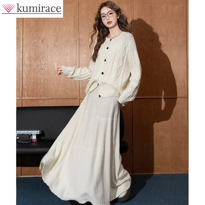 New Design Knitted Skirt Suit Women's Autumn and Winter 2025 Loose Fried Dough Twists Sweater Coat Two-piece Set Dress Sets