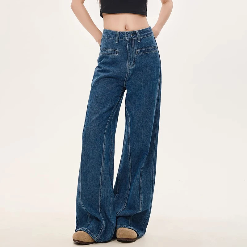 الحلو نمط الشارع الأزرق الأمريكية الرجعية عودة القوس عالية الخصر الجينز للنساء ربيع جديد المتخصصة واسعة الساق مستقيم الساق Y2k السراويل