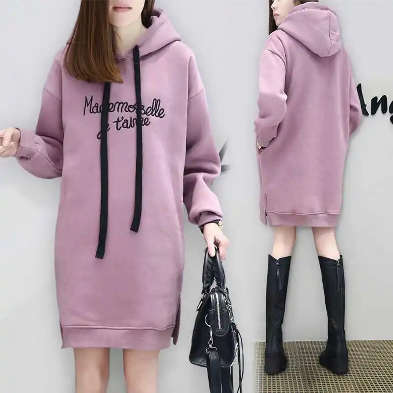 

Women's Mid-Length Embroidered Fleece Hoodie Dress Autumn New Winter Warm Polyester Fiber Long Sleeve Drawstring Casual Dress