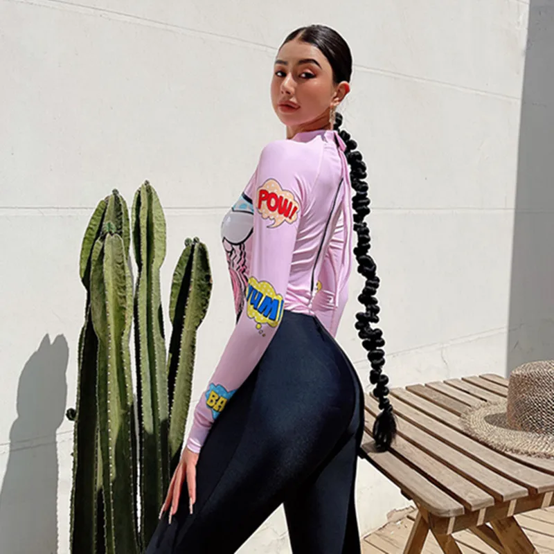 New Sexy Bikini Women's One Piece Funny Slim Fit Long Sleeves Monokini Swimsuit Sunblock Beach Wear Bodysuit SPF Summer Swimwear