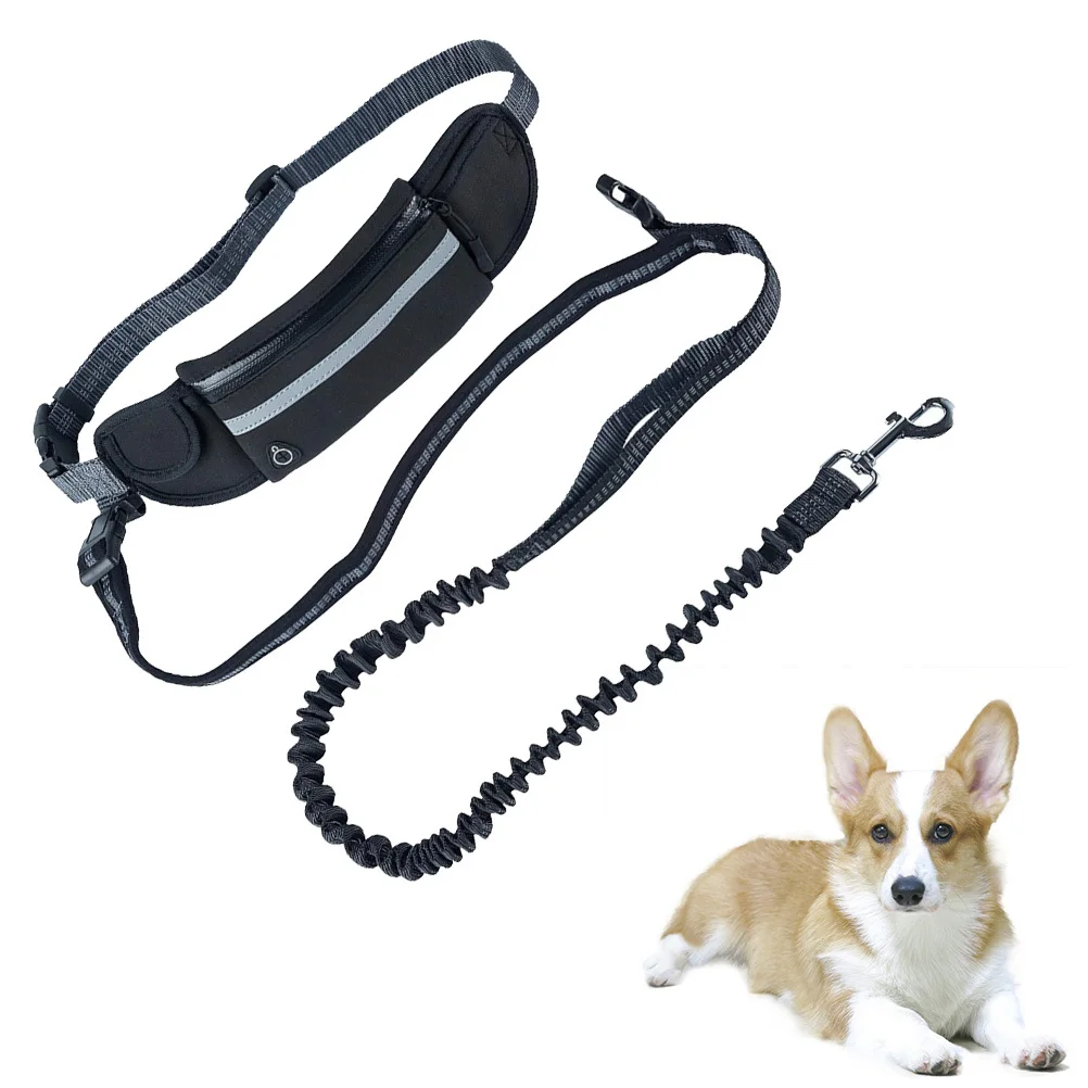 

Hands Free Waist Waterproof Dog Leash Black Adjustable Pocket Bag for Walking Running Hiking Reflective Safety Bungee Shock