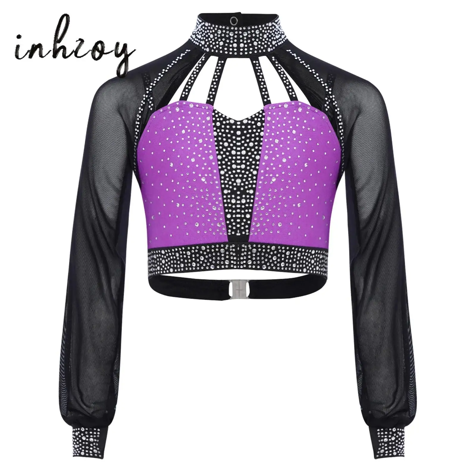 

Latin Jazz Dance Top for Kids Girls Long Sleeves Shiny Rhinestones Sheer Mesh Color Block Shirt Figure Skating Dance Crop Tops