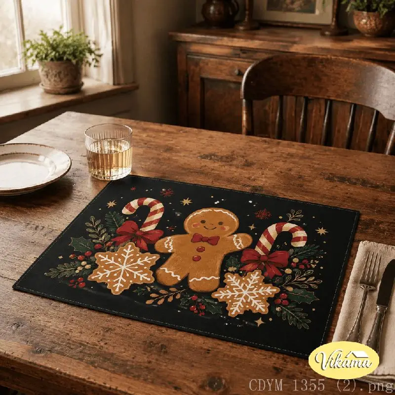 VIKAMA Christmas Gingerbread Penguin Placemat Candy Cane Holly Table Mat Dining Kitchen Holiday Home Decor Aesthetic Art Large
