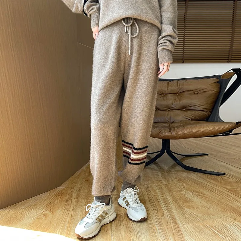 Women\'s Wool Suit V-Neck Long Sleeved Loose Fitting Pullover Sweater Elastic Waist Casual Pants100%MerinoPure Wool Two-Piece Set