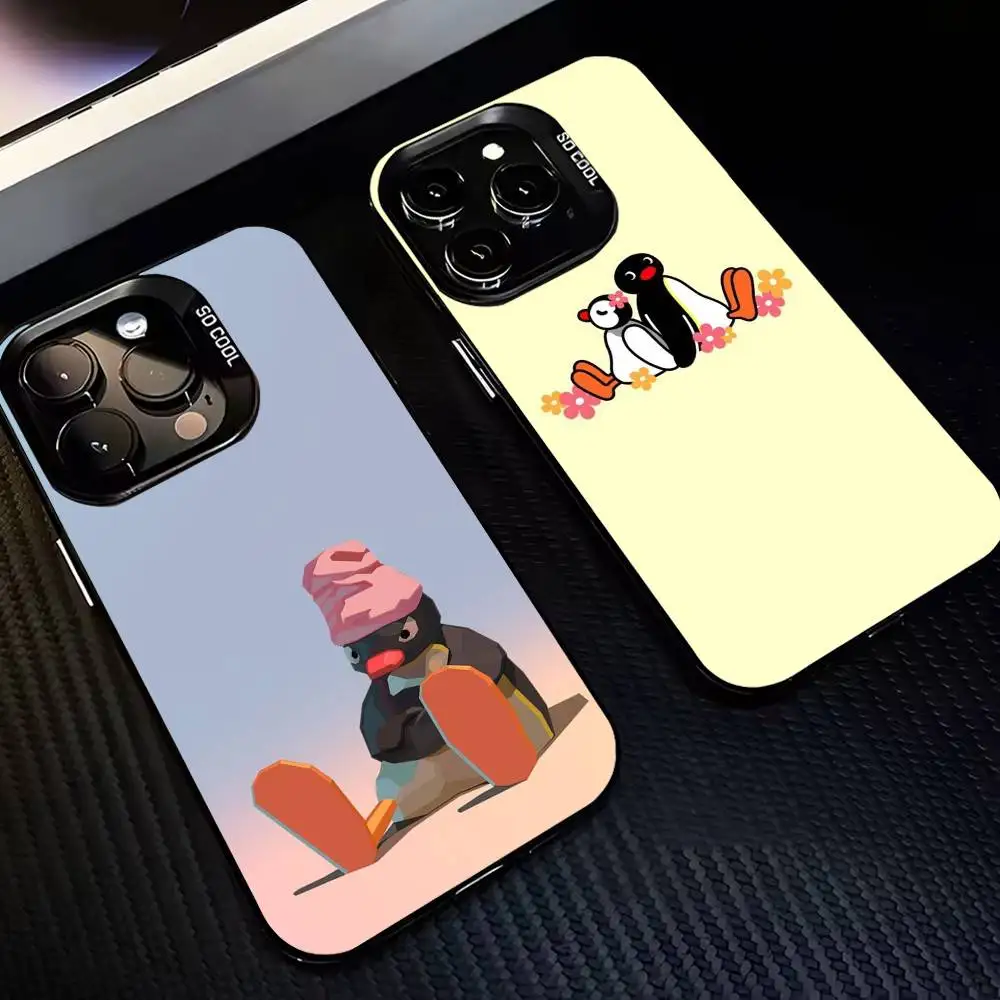 

Pingu Penguin Funny Cut Phone Case For iPhone17,16,15,14,13,12,11 Plus,Pro Max Black Border Silver Plated Cover