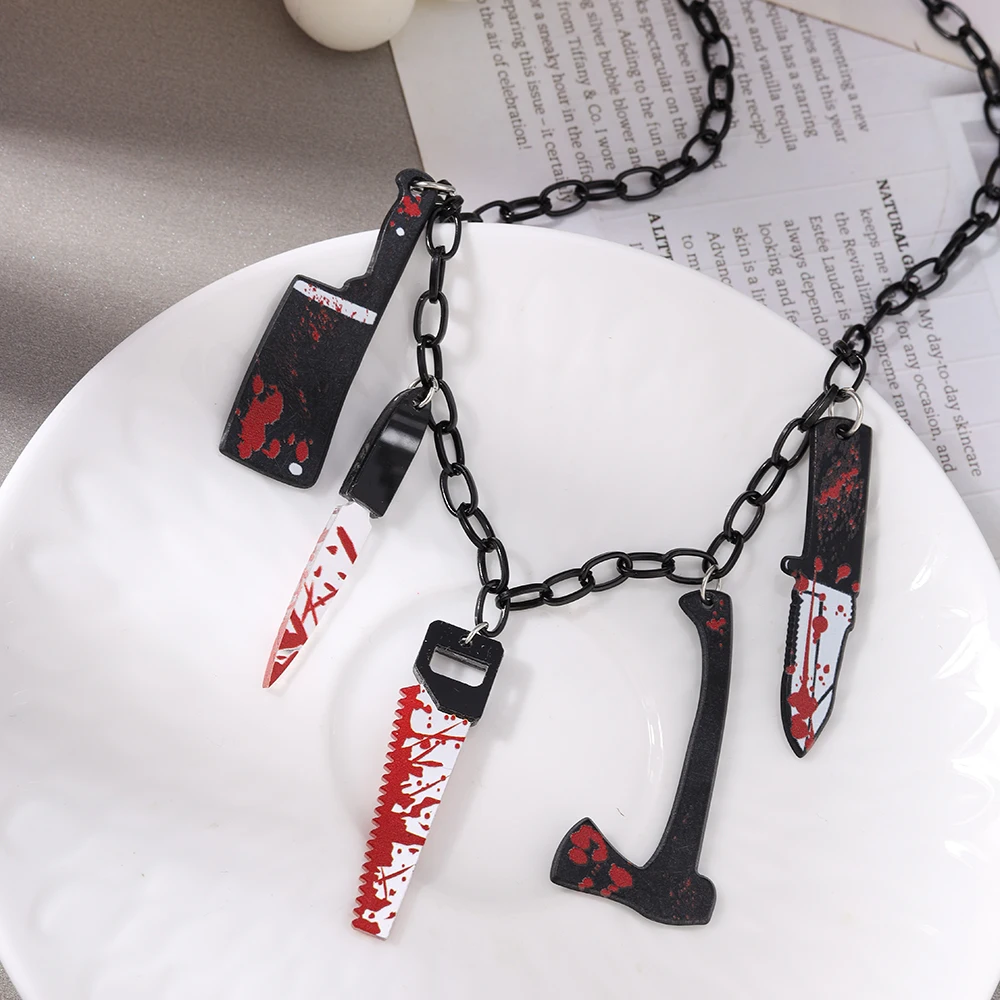 Aihua Punk Gothic Dark Bloody Knife Sword Ax Anhänger Halskette für Damen Herren Y2K Metall Choker Schlüsselbeinkette Halloween Schmuck – Detail 3