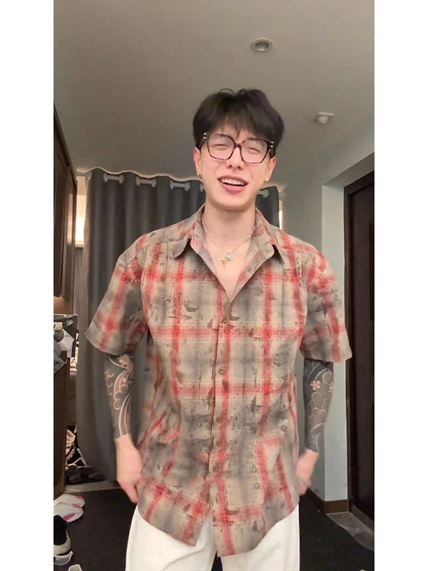 

Vintage Tie Dye Plaid ort Sve Men's irt Summer New American Retro Five Sve Haome f Sve irt