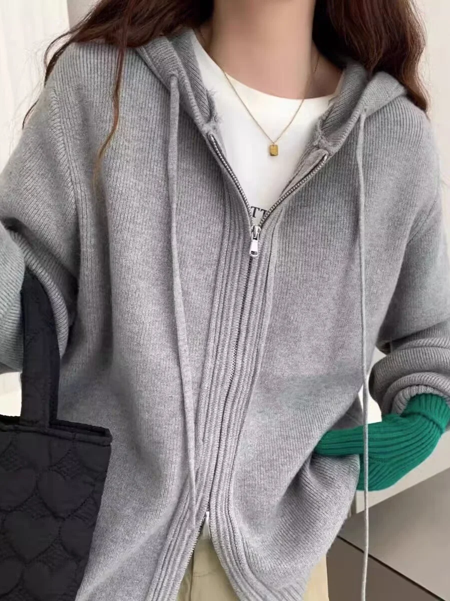

Sweet Style Hooded Knitwear Women's Pure Color Casual Loose Zipper Coat Spring Autumn New Arrival Comfortable Korean Version