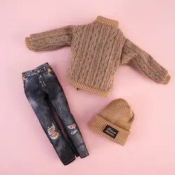 30CM Doll Clothes Suit Fashion Tops Knitted Sweater Hole Jeans Pants Miniature Hat Beanie For 1/6Bjd Costume Girls Accessoires