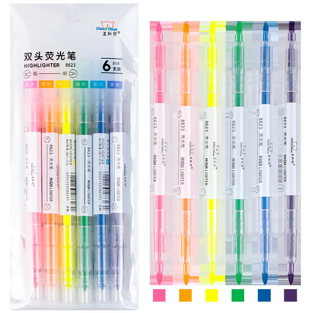 6Pcs Fluorescent Marker Pens Double Head Round Oblique Tips Transparent Strong Shell Vibrant Colors Smooth Writing for