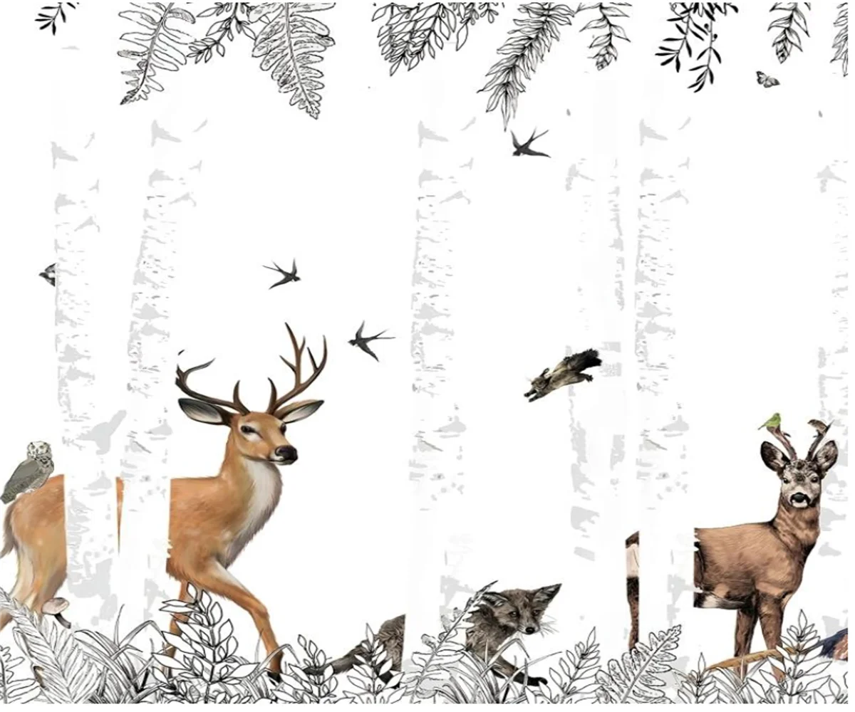 

3d обои для детской комнаты по индивидуальному заказу, скандинавская ручная роспись, лось, лес, современный ТВ-фон, настенные 3d обои