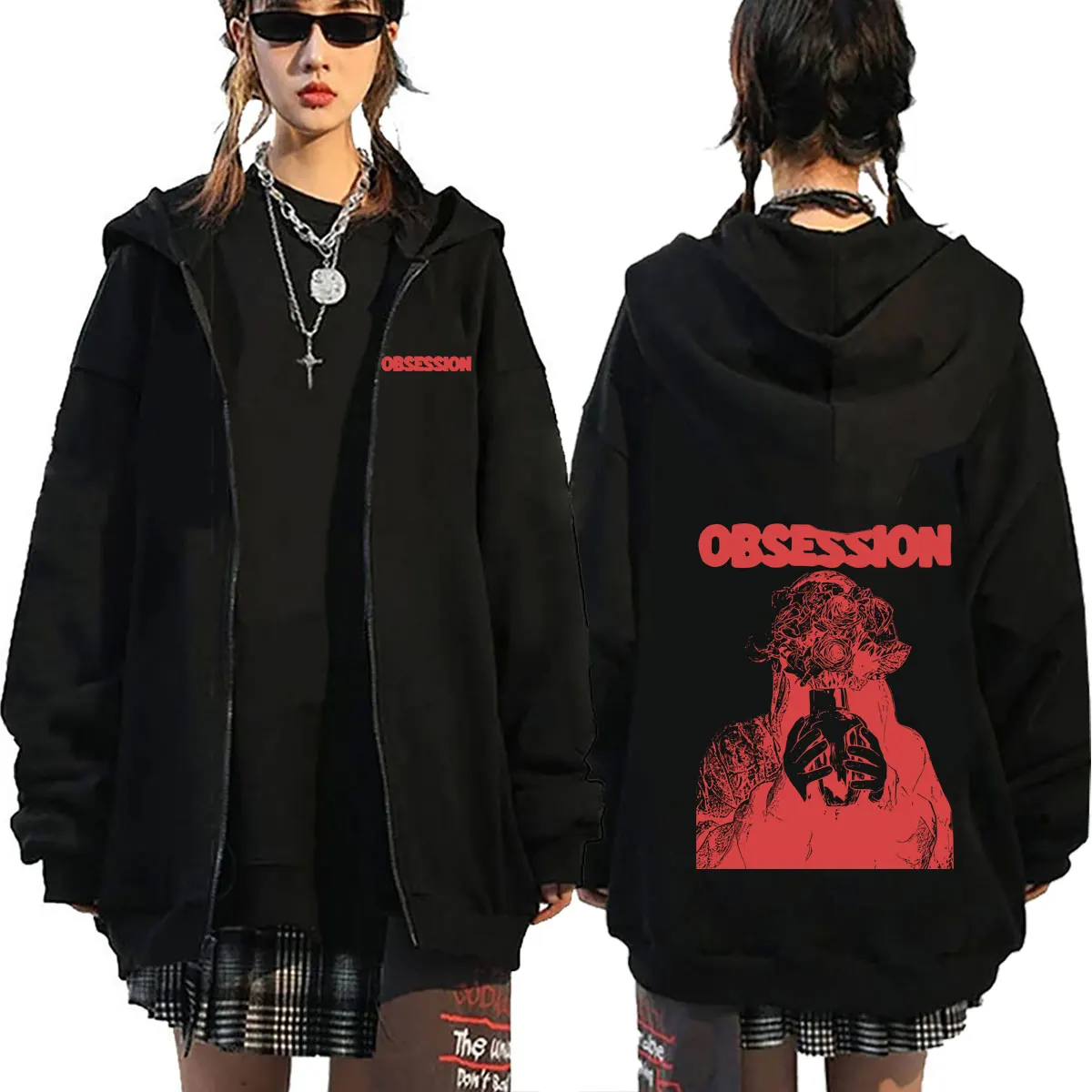 Sweat à capuche zippé imprimé « Obsession Film d'Horreur » pour Hommes et Femmes, Survêtement décontracté oversize à capuche, Mode Unisexe Gothique Rock, Sweats à capuche zippés