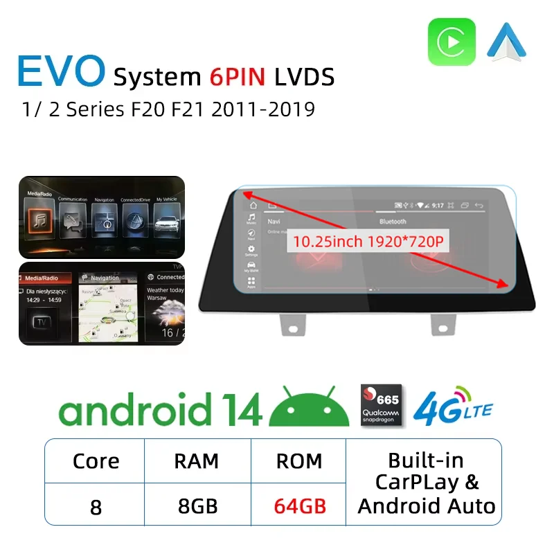 Qualcomm CarPlay Screen，BMW 1 2 Series F20 F21 2011-2019 Android Auto Radio Multimedia Player Navigation Stereo DSP WiFi